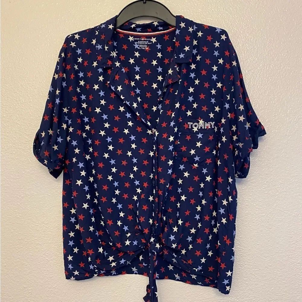 Tommy Hilfiger USA red white blue star American patriotic button up tie front XL